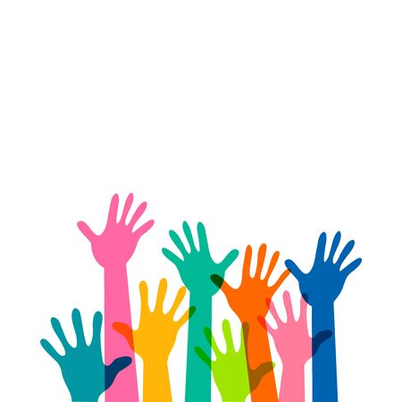 Volunteer education poster mockup, colorful children hands up is lifted upwards white backgroundのイラスト素材