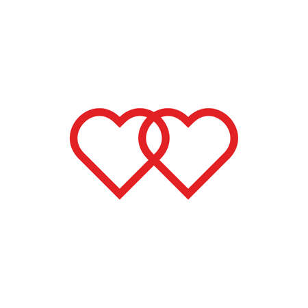 link line drawing two hearts, red vector minimalist illustration of love concept on white background. Vector illustration.のイラスト素材