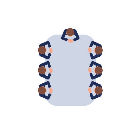 Business meeting strategy brainstorming concept. Vector illustration in an aerial view with people sitting at the table.のイラスト素材