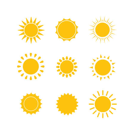 Sun icon set. Yellow sun icons collection. Summer, sunlight sky. Vector illustration isolated on white backgroundのイラスト素材