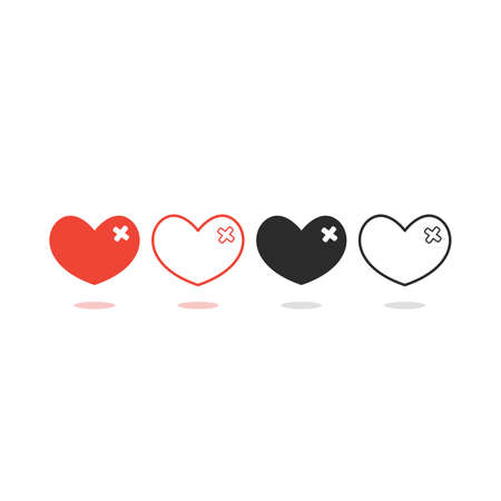broken heart set, crack fixed with bandage. Breakup symbol. Simple flat vector style and line style.のイラスト素材