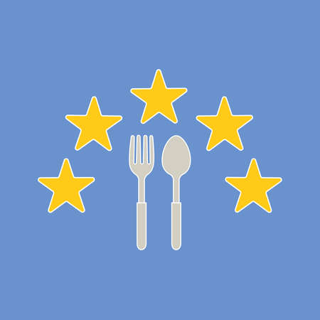 spoon and fork Icon with five stars Vector Illustration   Template on blue background.のイラスト素材