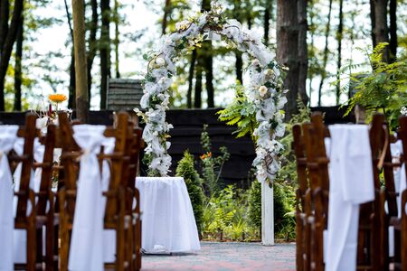 wedding decorations for registration on the street in the forestの写真素材