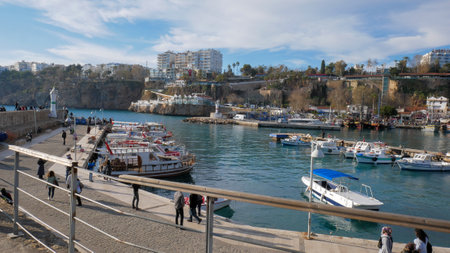 Beautiful tourist port of Antalya with many shipsの写真素材