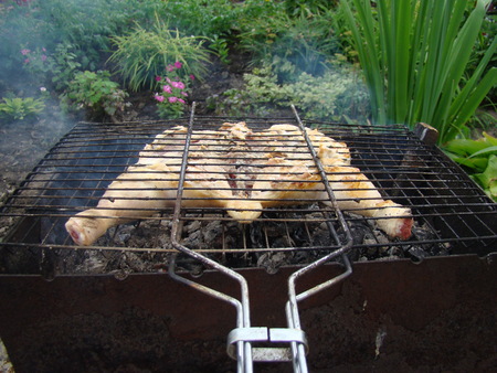 cooking on the grill,the chicken is cooked on the grill in a metal grid.の写真素材