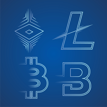 Ethereum Litecoin Bitcoin Bytecoin icons on blue backgroundのイラスト素材