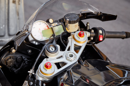 Steering wheel and dashboard of a modern sports motorcycle