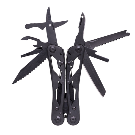 Black multi tool photographed on a white background.