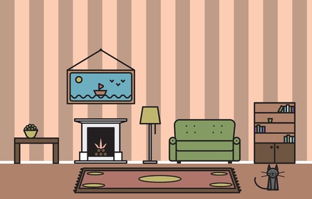Drawing vector of an interior of a living room in soft tones with a fireplace, a sofa, a picture, a cat, a table, a case, floor lamp and a carpet.のイラスト素材