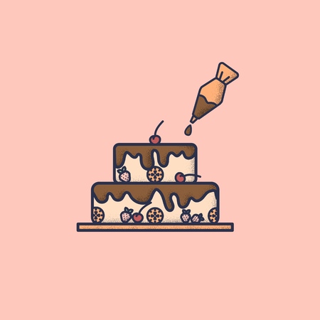 Icon of pie with cookies and berries and chocolate cream and pastry bagのイラスト素材