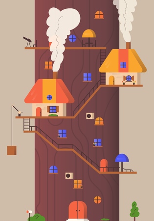 Big tree hotel with small houses and various attributes of lifeのイラスト素材