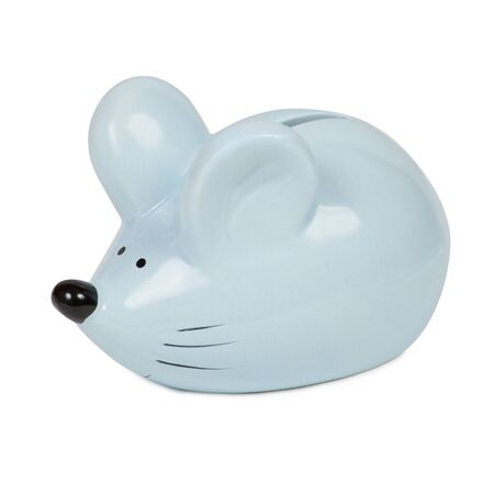 Symbol of 2020. Blue piggy bank in the shape of a mouse in blue isolated on a white backgroundの写真素材