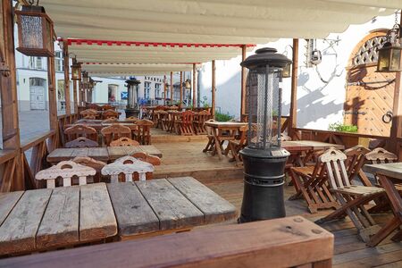TALLINN, ESTONIA - JUNE 7, 2017: Empty summer cafe in the early morning in the old city of Tallinn, Estoniaのeditorial素材