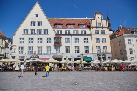 TALLINN, ESTONIA - JUNE 6, 2017: Summer cafe in the afternoon on the central square of the old city of Tallinn, Estoniaのeditorial素材