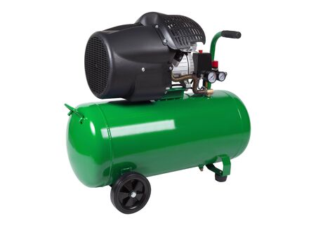 Air compressor with green receiver isolated on white backgroundの写真素材