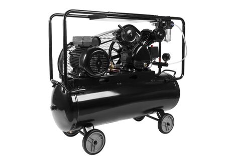 Black twin cylinder air compressor isolated on white background