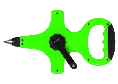 Geodesic light green earth-measuring tape isolated on white background. Horizontal shot
