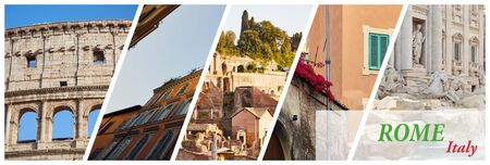 Horizontal banner with a collage of 5 images of the sights of Rome, Italyの写真素材
