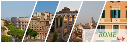 Horizontal cover for an article about traveling around a world with a collage of 5 images of the sights of Rome, Italyの写真素材