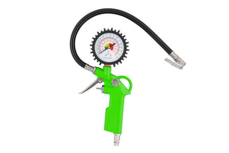 Green tire inflator with pressure gauge isolated on white background. Inflation gun with lock. Tire inflation gun with pressure gaugeの写真素材