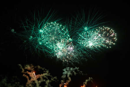 Fireworks for the holiday from different colorful explosions in the night skyの写真素材