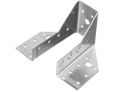 Stainless steel metal fixing angle isolated on white background. The metal corner is used in...