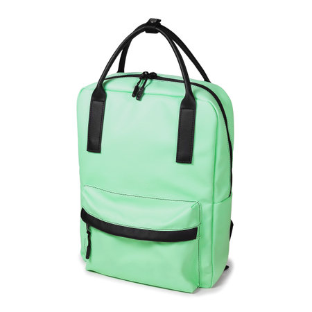 Modern women's backpack in light green color isolated on a white backgroundの写真素材