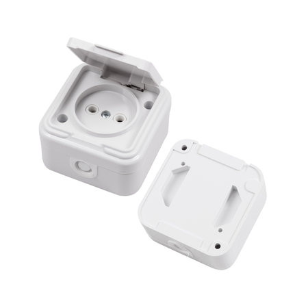 Protected socket with a cover and grounding isolated on a white background. Two angles: front and...