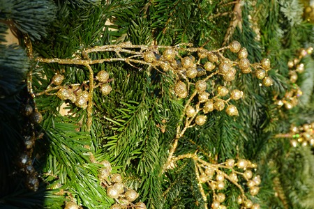 Christmas or New Year backgrounds, textures. Decorated Christmas and New Year trees, tinsel, toys on a green backgroundの写真素材