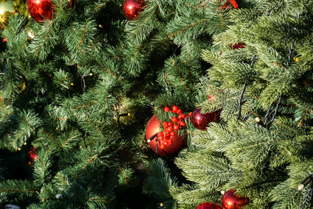 Christmas or New Year backgrounds, textures. Decorated Christmas and New Year trees, tinsel, toys on a green backgroundの写真素材