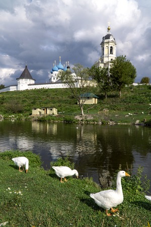 summer landscape with lake, geese in the foreground and far away monasteryの写真素材