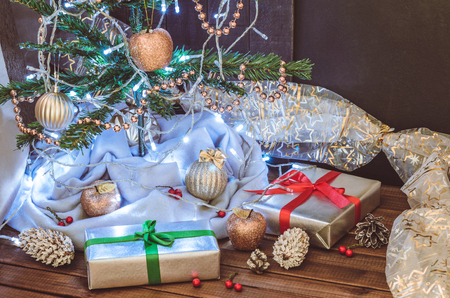 Christmas tree, toys and gifts, storage under the card.の写真素材