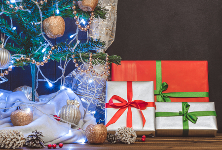 Christmas tree, toys and gifts, free space for text.の写真素材