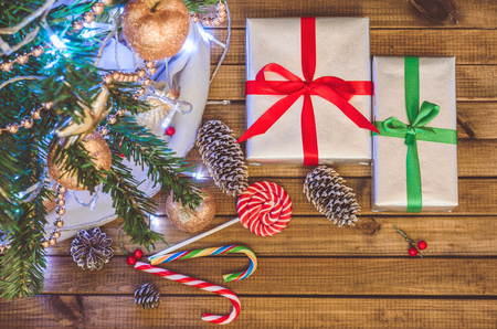 Christmas tree, toys and gifts top view.の写真素材