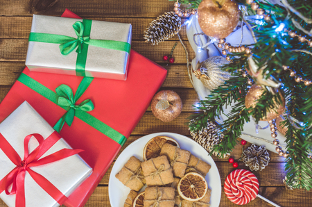 Christmas tree, toys and gifts top view.の写真素材