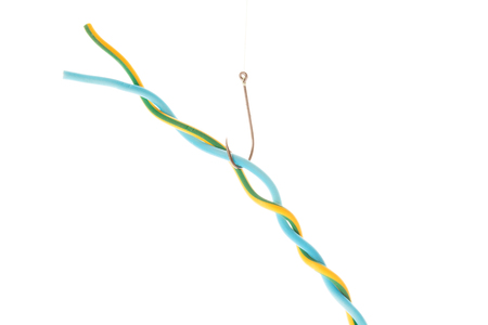 Electric wire hanging on a fishing hook isolated on white background