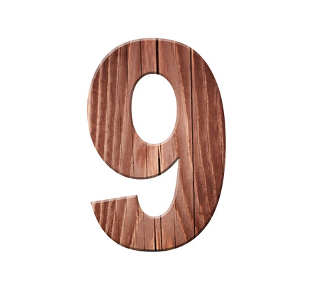 Wooden digit one symbol - 9. Isolated on white backgroundの写真素材