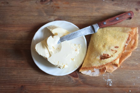 Butter and Pancake on the tableの写真素材