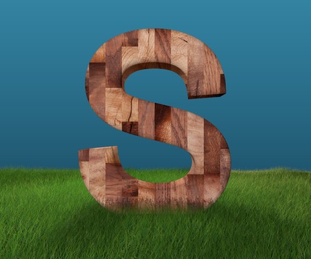 3D decorative wooden Alphabet on green Grass, capital letter Sの写真素材