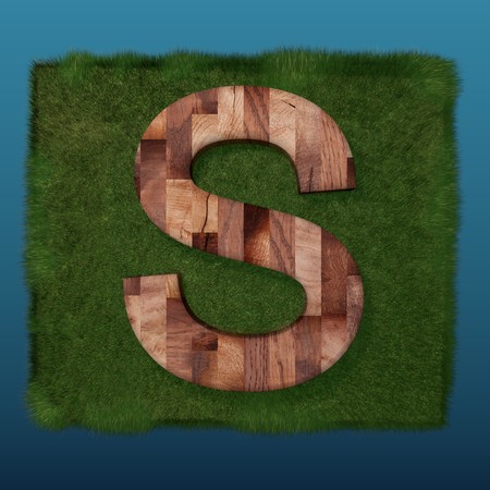 3D decorative wooden Alphabet on green Grass, capital letter Sの写真素材