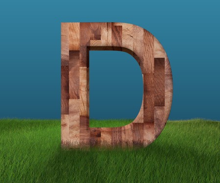3D decorative wooden Alphabet on green Grass, capital letter Dの写真素材