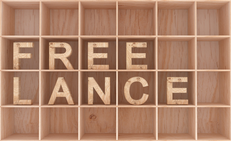 3D decorative wooden word in shelfs - Freelanceの写真素材