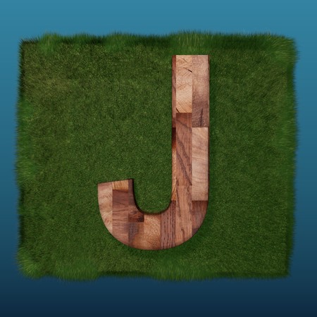 3D decorative wooden Alphabet on green Grass, capital letter Jの写真素材