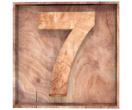 Decorative wooden alphabet digit seven symbol - 7 in wooden box. 3d rendering illustration. Isolated on white backgroundの写真素材