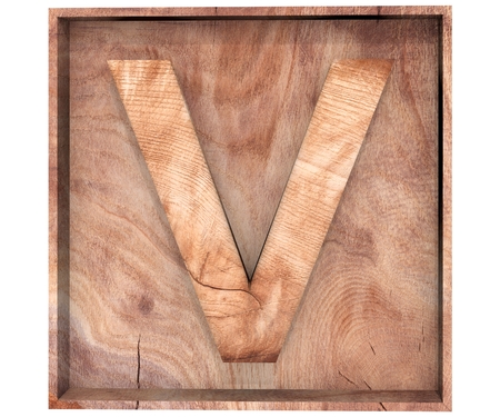 3D decorative wood Alphabet, capital letter V in wooden boxの写真素材