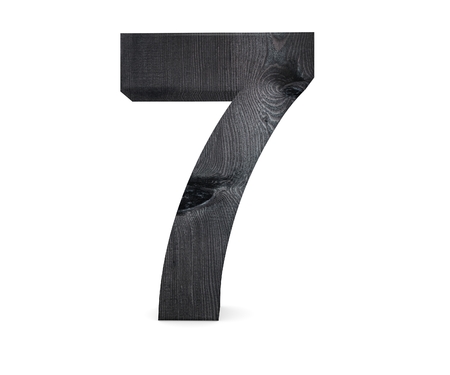 Decorative wooden alphabet digit seven symbol - 7. 3d rendering illustration. Isolated on white...