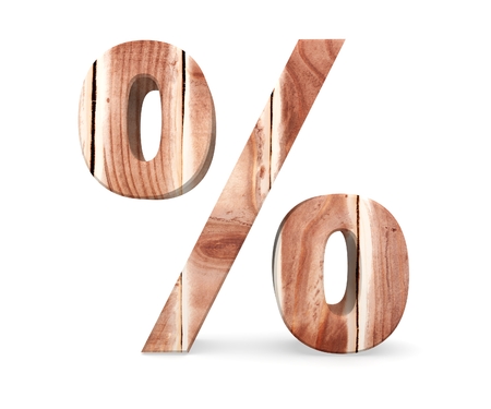 Decorative wooden alphabet digit percent symbol from wood planks. 3d rendering illustration. Isolated on white backgroundの写真素材