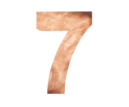 Decorative wooden alphabet digit seven symbol - 7. 3d rendering illustration. Isolated on white...