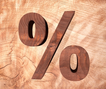 Decorative wooden alphabet digit percent symbol. 3d rendering illustration. Isolated on white backgroundの写真素材