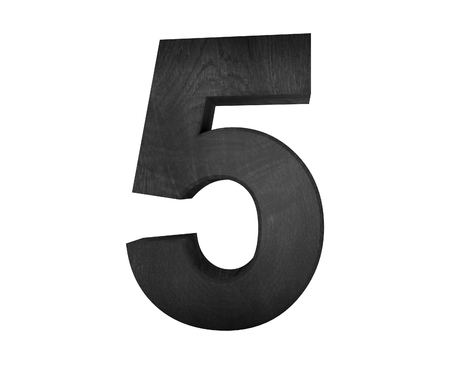 Decorative wooden alphabet digit five symbol - 5. 3d rendering illustration. Isolated on white backgroundの写真素材